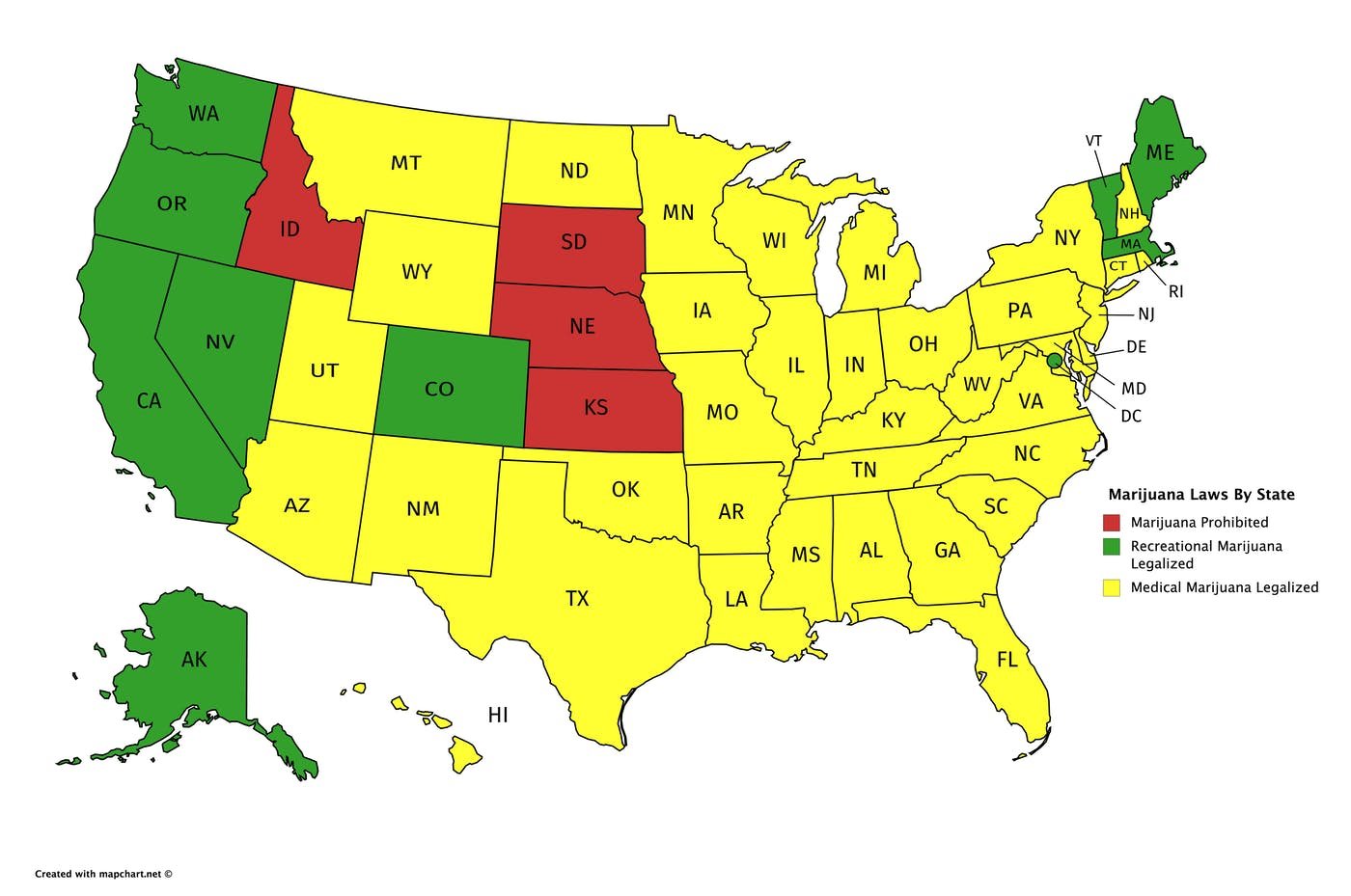 Color coded map by US states with marijuana laws